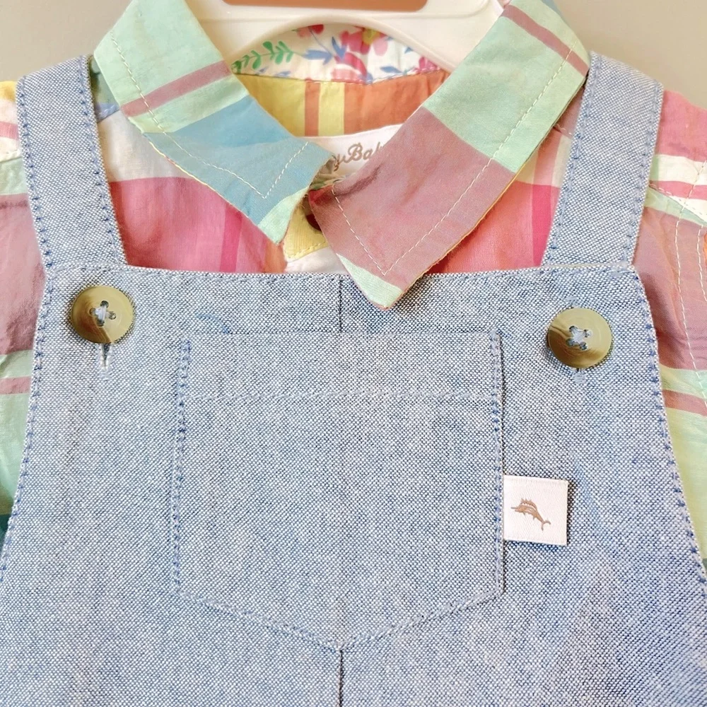 Tommy Bahama Kids 3 Piece Set Size 3-6M Plaid Shirt Romper Chambray Overalls Hat